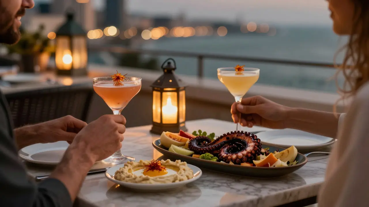 Mezze platters and drinks on rooftop bar table with city lights.