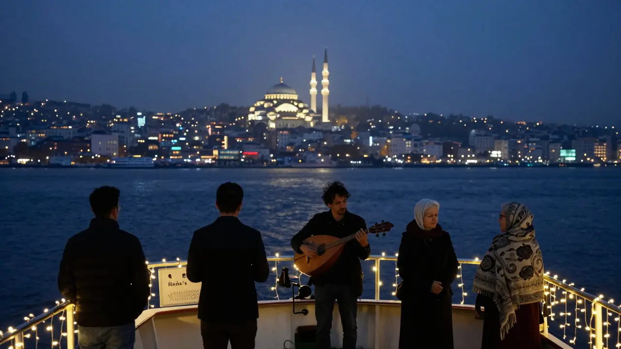 Midnight ferry crossing Bosphorus with diverse locals silhouetted against Reina’s fairy lights and city skyline.