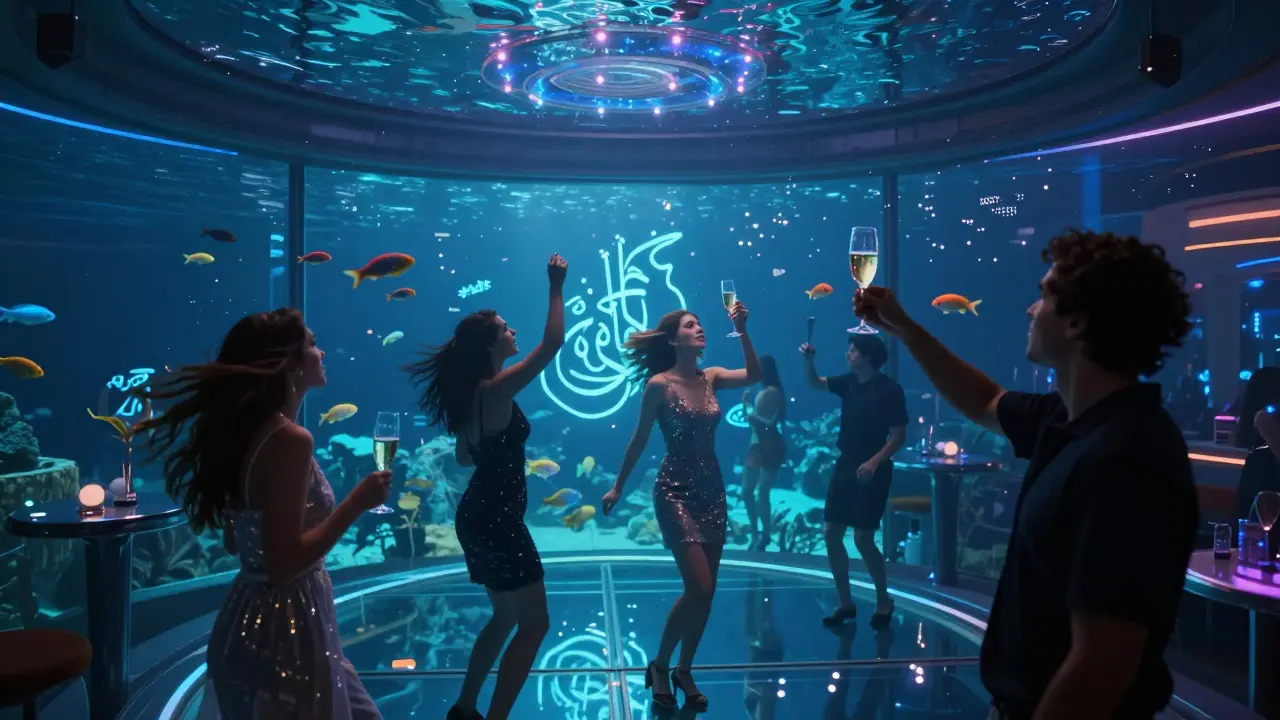 People dancing underwater in a nightclub with fish swimming around glass walls.
