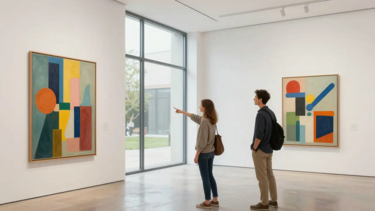 People viewing modern art inside a bright white gallery space