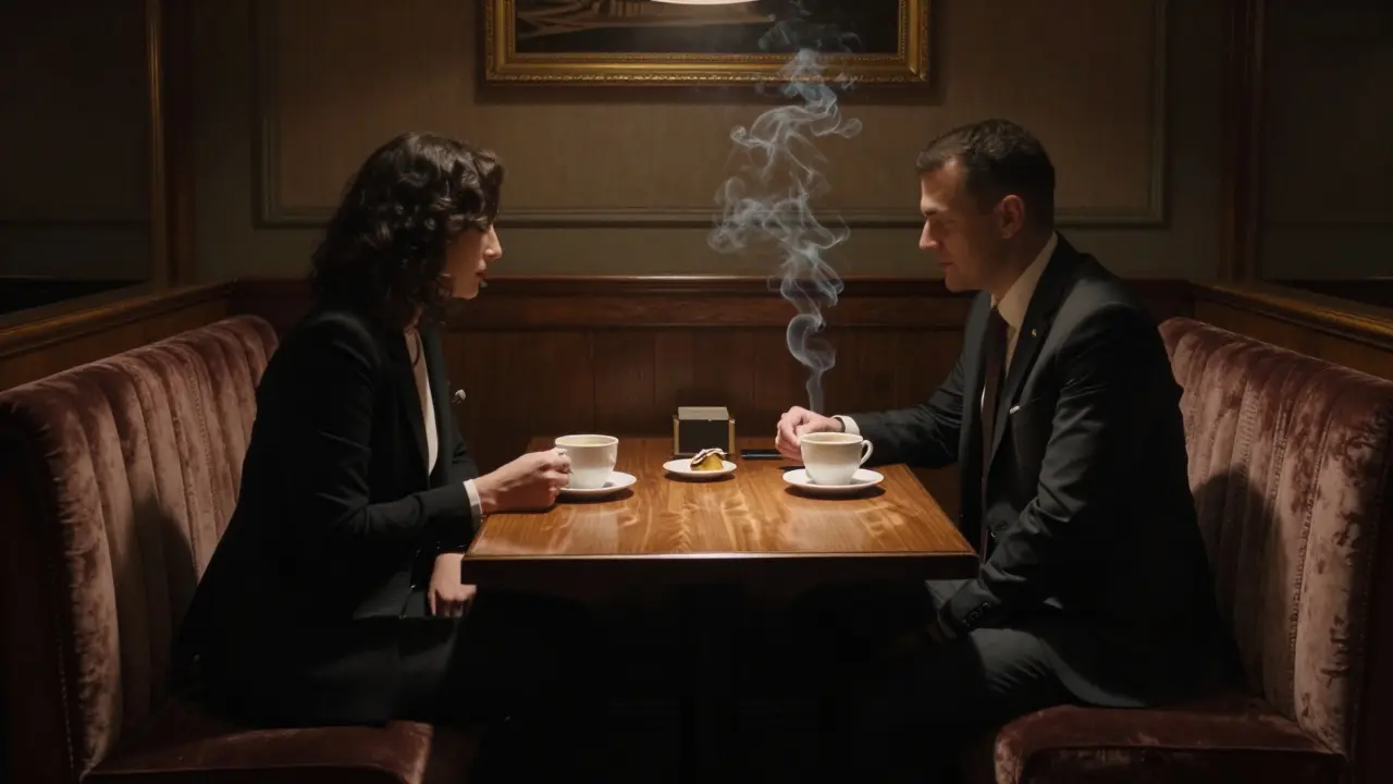 Private club interior with shadowed figures at a table