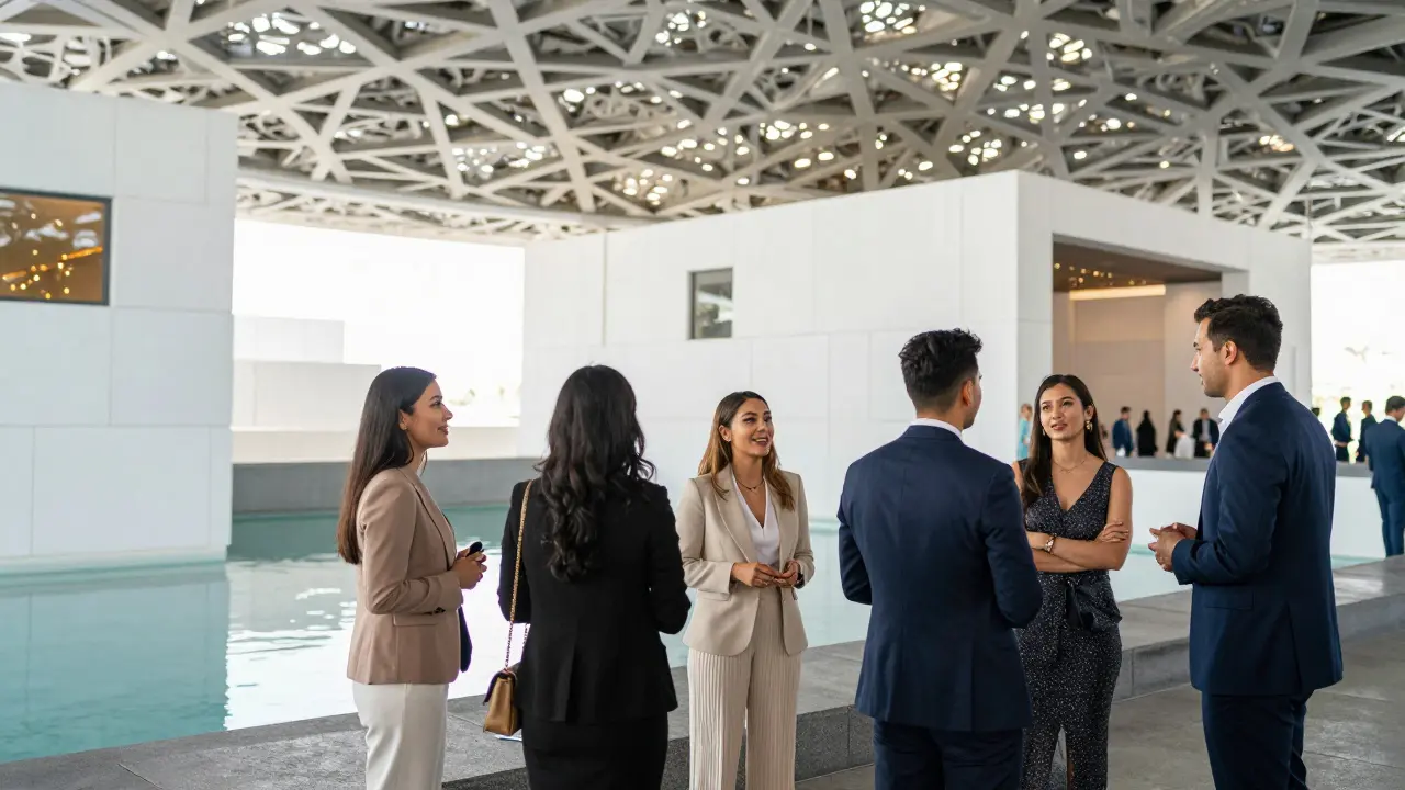 Professionals networking safely inside a bright domed cultural building.