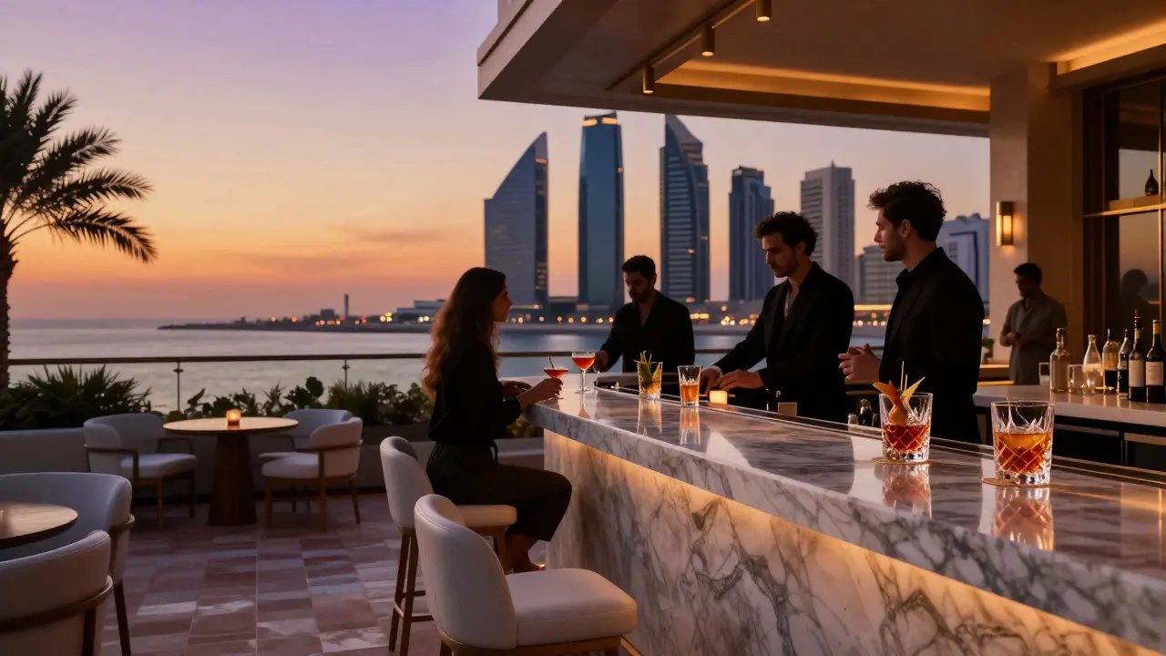 Rooftop lounge overlooking Abu Dhabi coastline during sunset with cocktail service