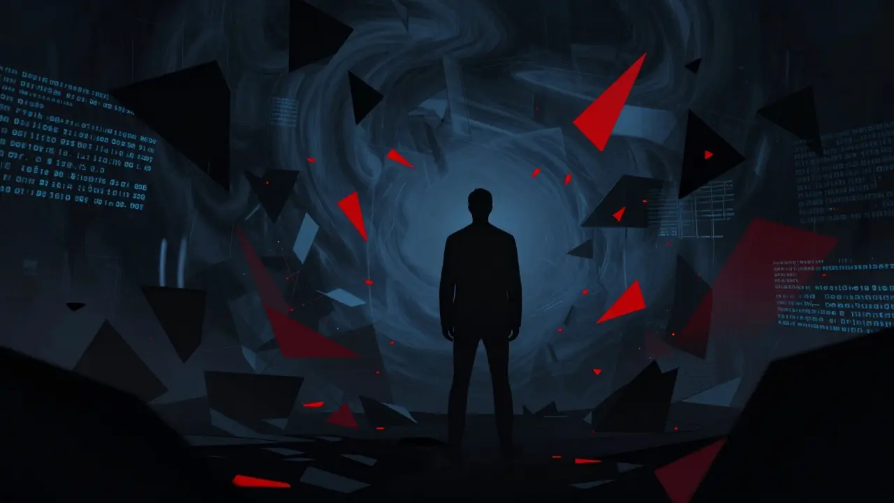 Shadowy figure surrounded by dark geometric shapes representing cyber risk.