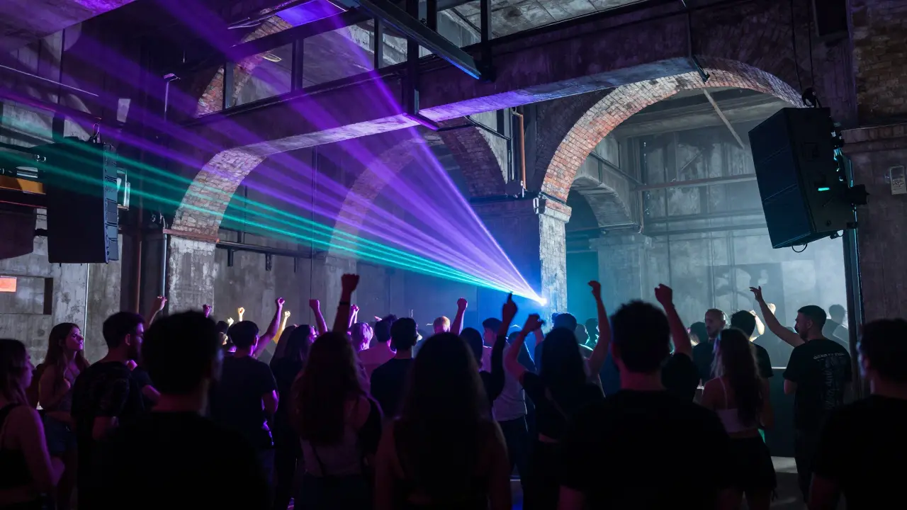 Silhouettes dancing in industrial underground club with laser lights