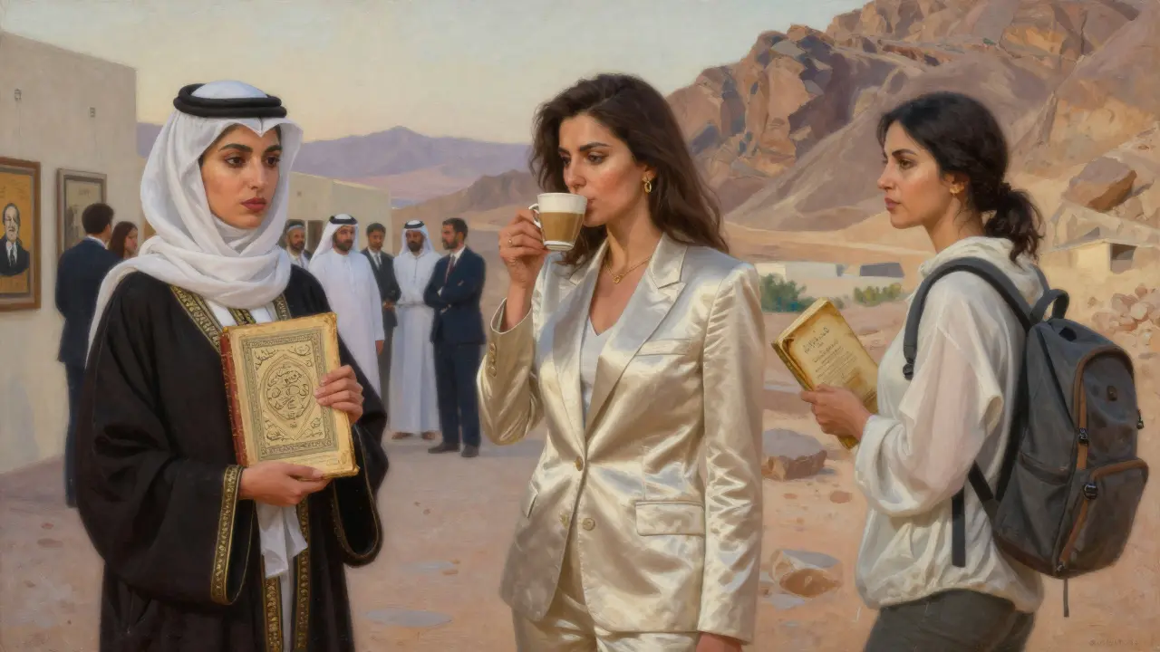 Three elite companions in diverse settings — art gallery, majlis, and desert hike — each radiating intellectual grace and cultural depth.