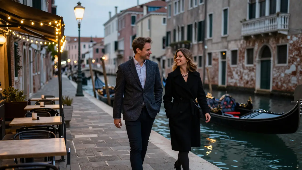 Two figures strolling along Milan's Navigli canal at dusk, bathed in soft golden light and reflections.