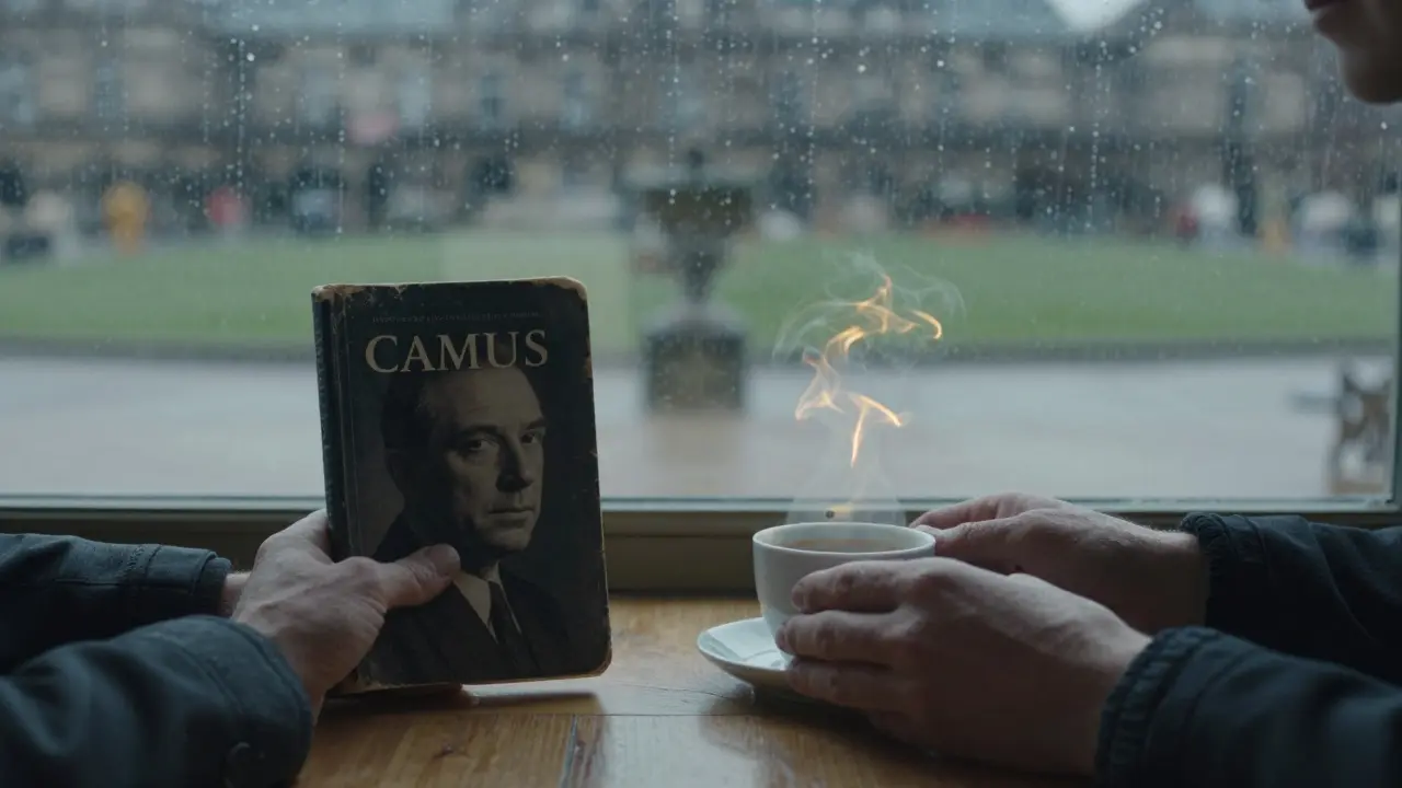 Two hands on a wooden table—one holding a book, the other placing coffee—rain blurring the window behind.