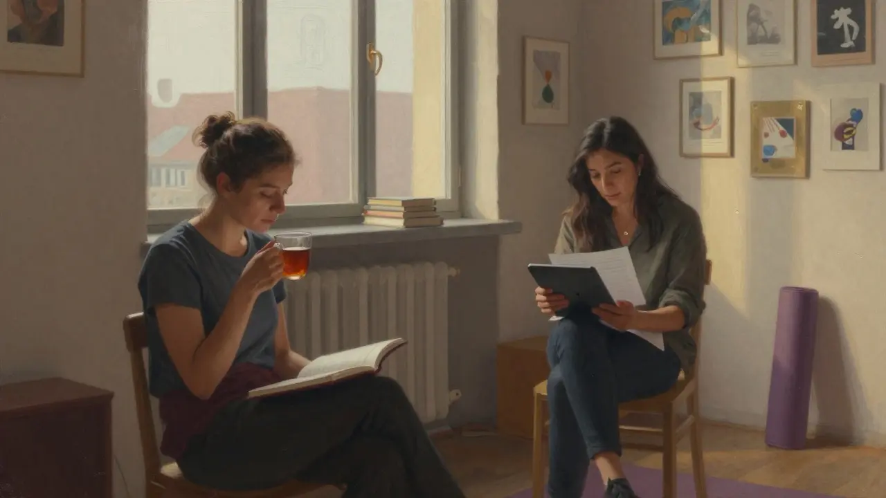Two independent women in a Berlin loft, each engaged in personal work, surrounded by books and art.