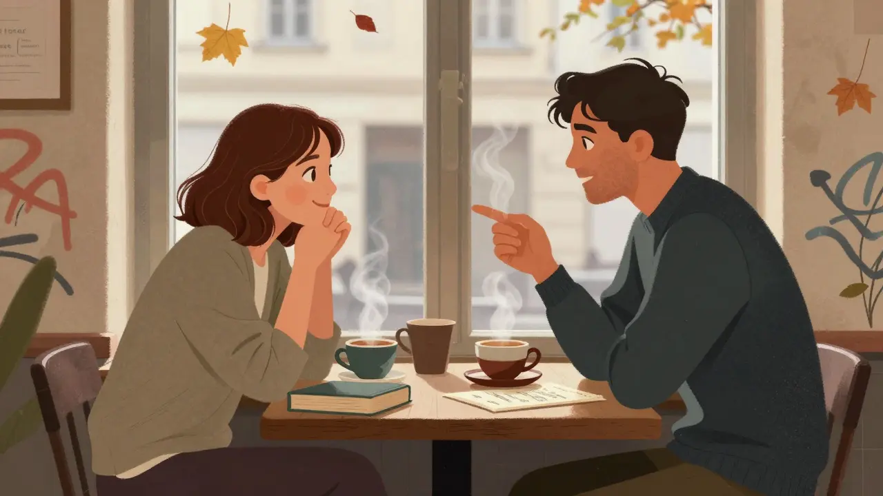 Two people at a Kreuzberg café, deeply engaged in quiet conversation, no phones, natural light filtering through windows.