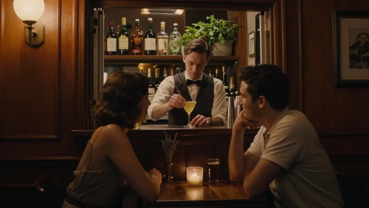 Two people in a dim speakeasy bar, sharing a lavender cocktail as a bartender prepares drinks behind the wooden counter.