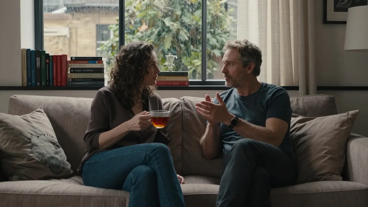 Two people sitting calmly on a sofa in a stylish London apartment, talking quietly over tea, no physical intimacy.