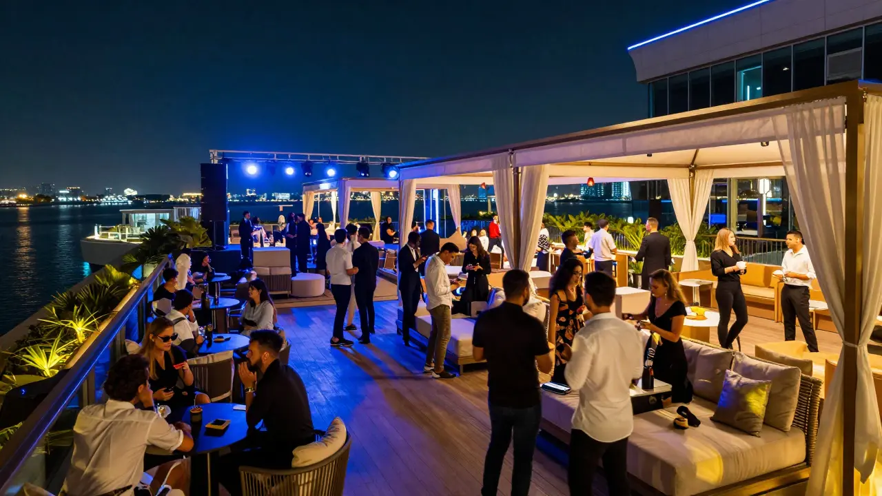 Vibrant rooftop lounge with dynamic lighting and lagoon view.