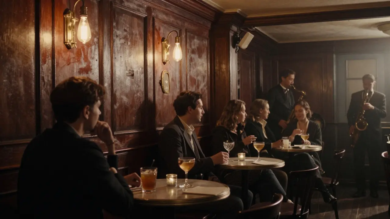 Vintage cellar bar interior with patrons enjoying cocktails and live music