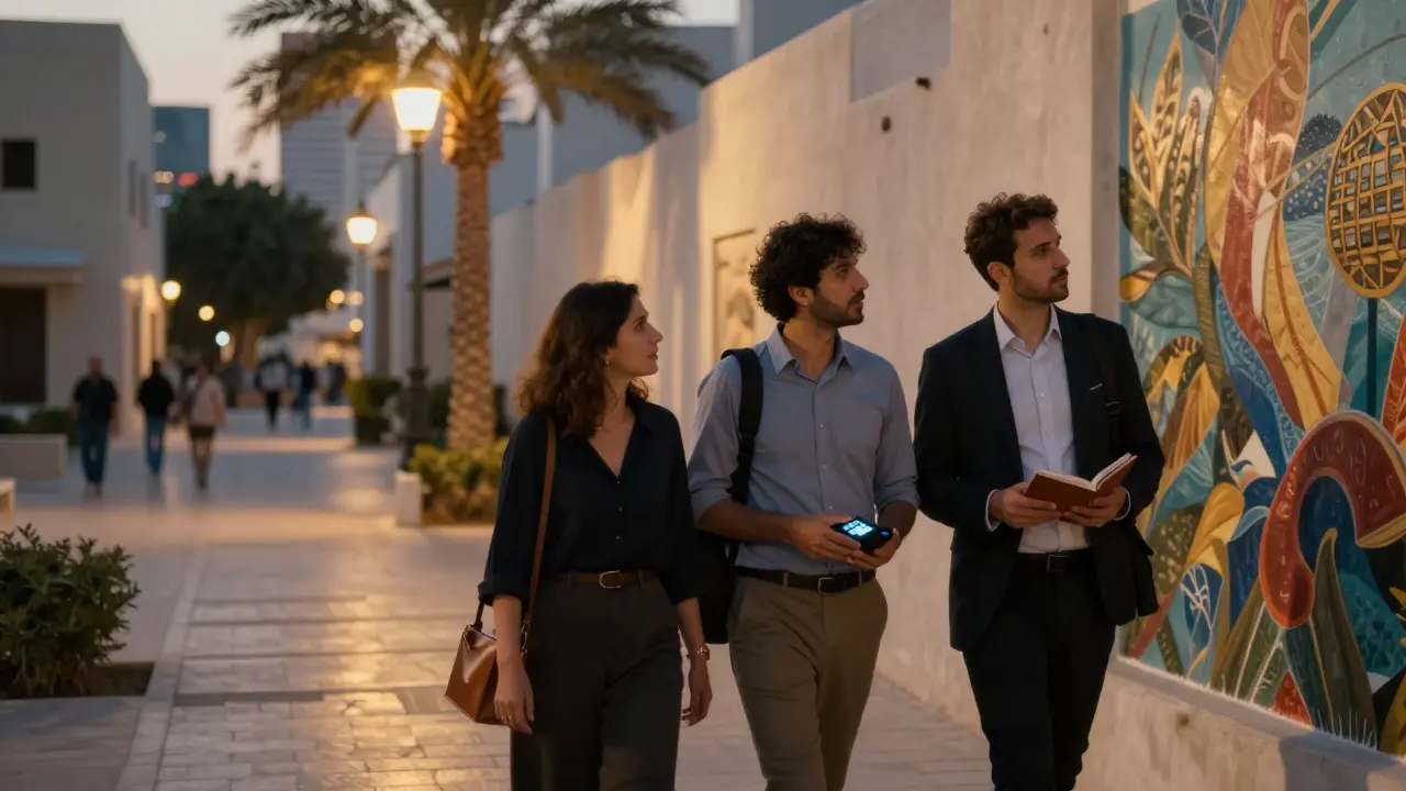 Walking through Alserkal Avenue at dusk, a companion holding a book and playlist as golden light filters through palms.